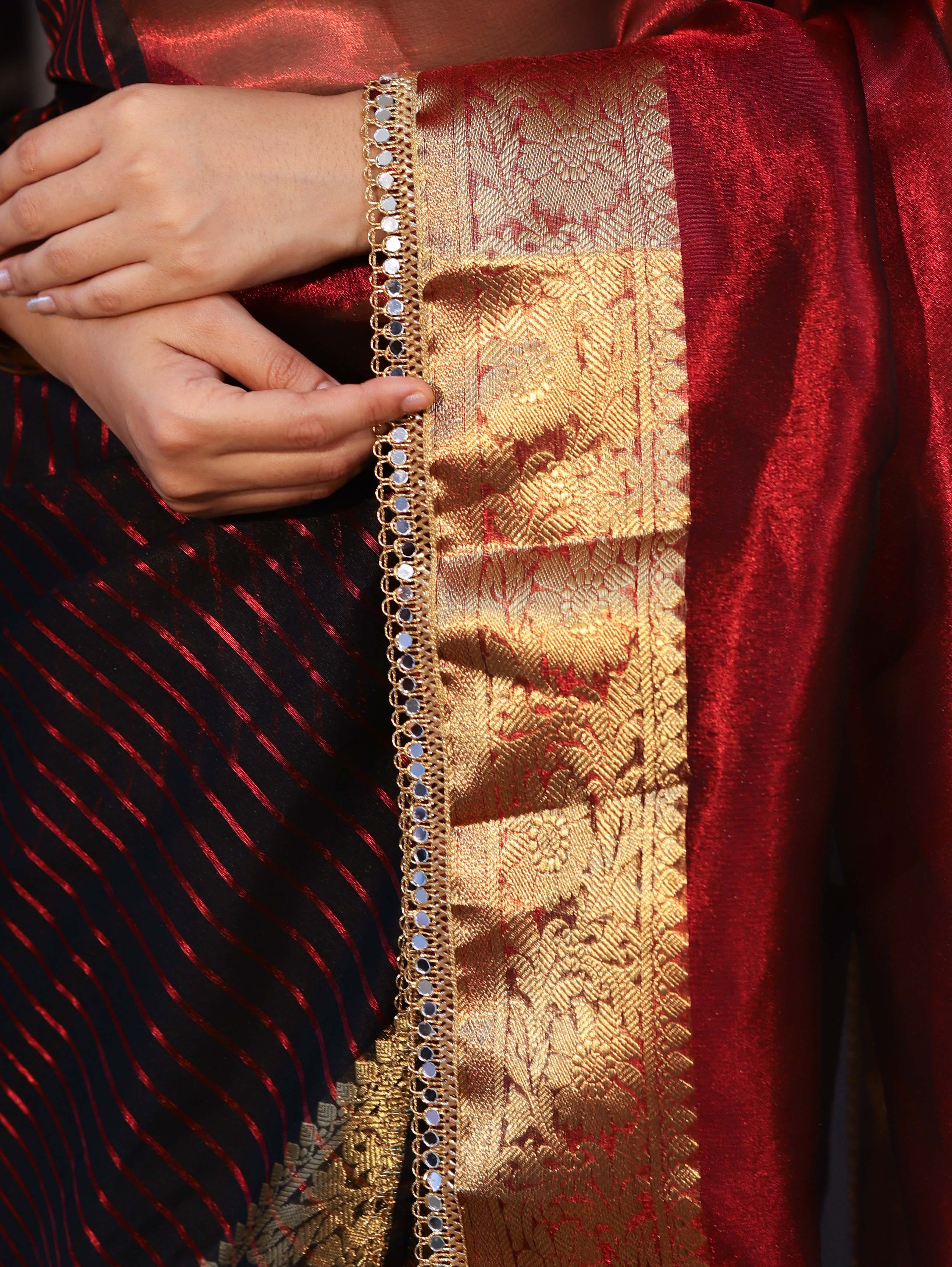 Banarasee Handwoven Dual Color Tissue Saree With Gold Zari Border & Lace-Maroon & Black