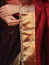 Banarasee Handwoven Dual Color Tissue Saree With Gold Zari Border & Lace-Maroon & Black