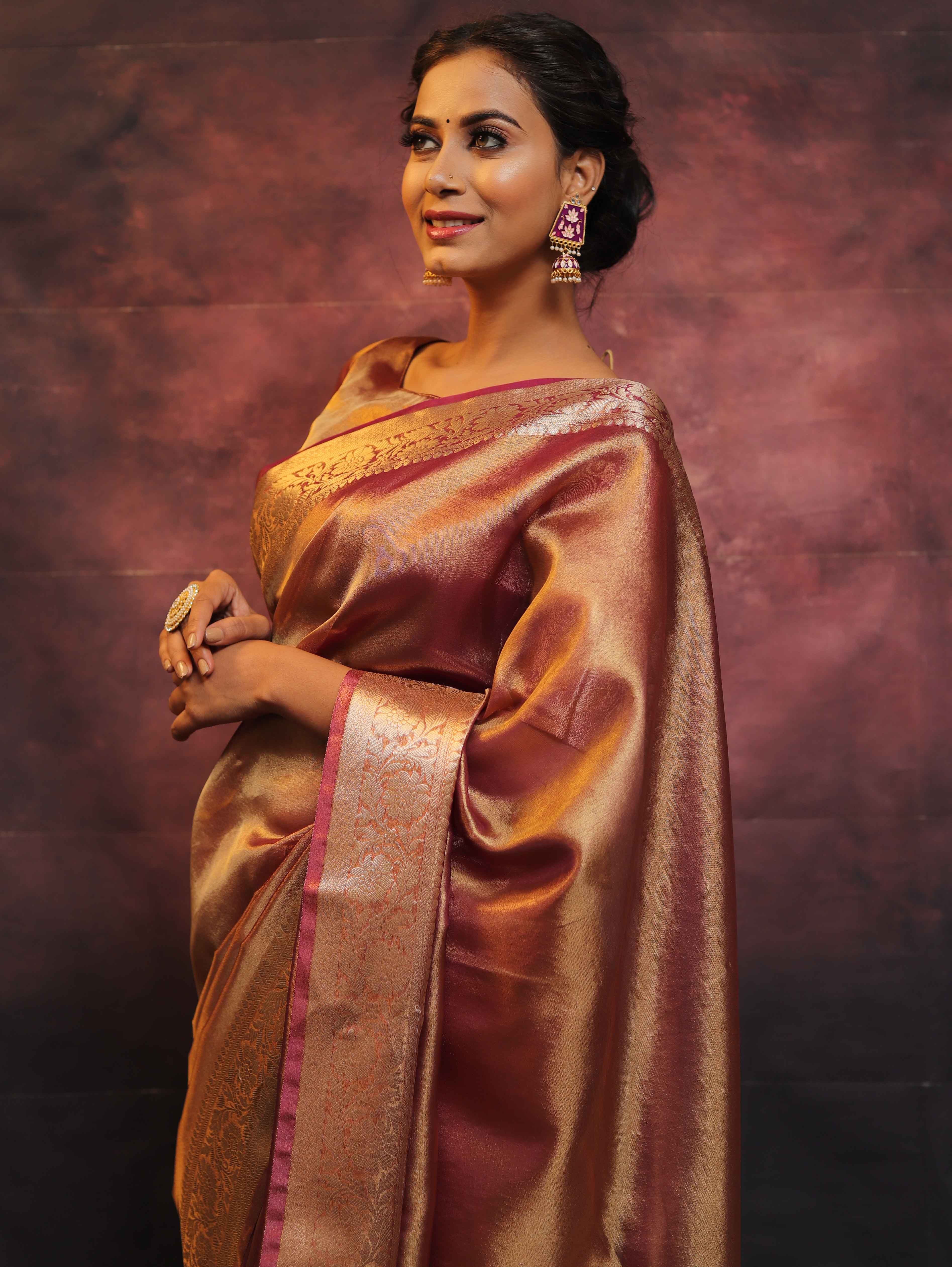 Banarasee Handwoven Plain Tissue Zari Border Saree-Rose Pink