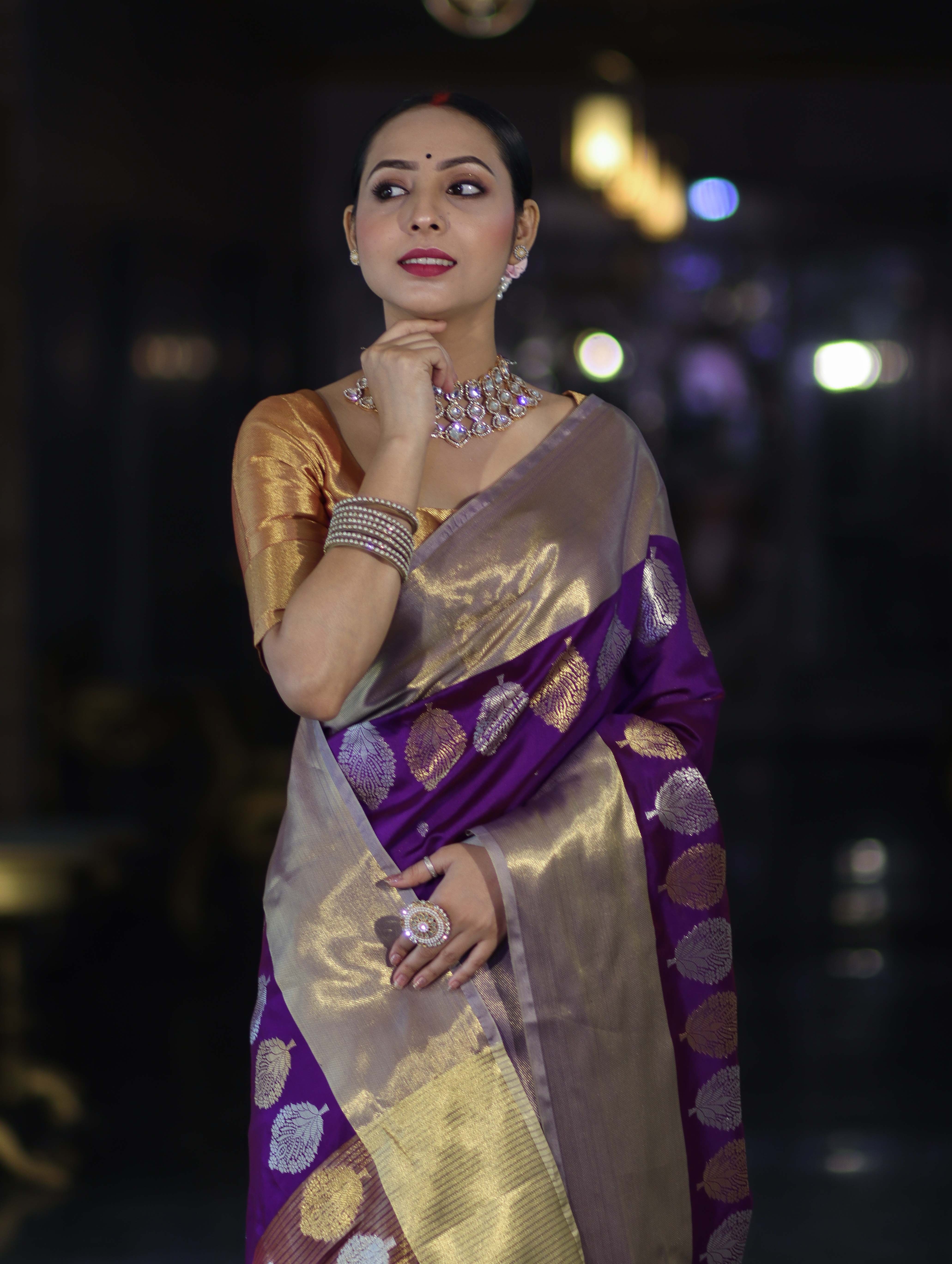 Banarasee Handloom Semi Silk Saree With Sona Rupa Zari Buti Design & Contrast Border-Violet