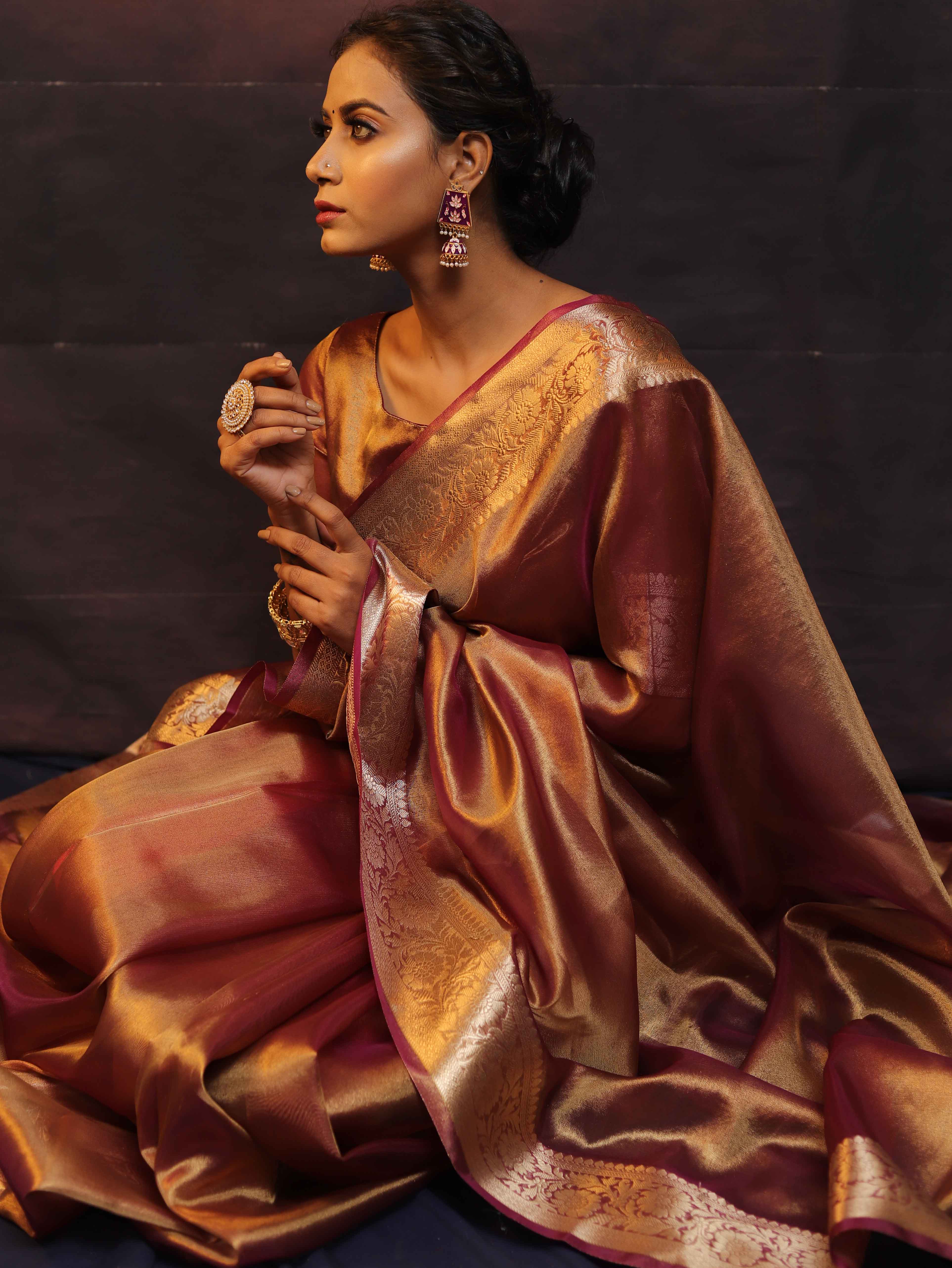 Banarasee Handwoven Plain Tissue Zari Border Saree-Rose Pink