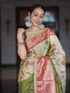 Banarasee Soft Silk Embroidered Saree With Hand Painted Floral Design & Contrast Border-Multicolor