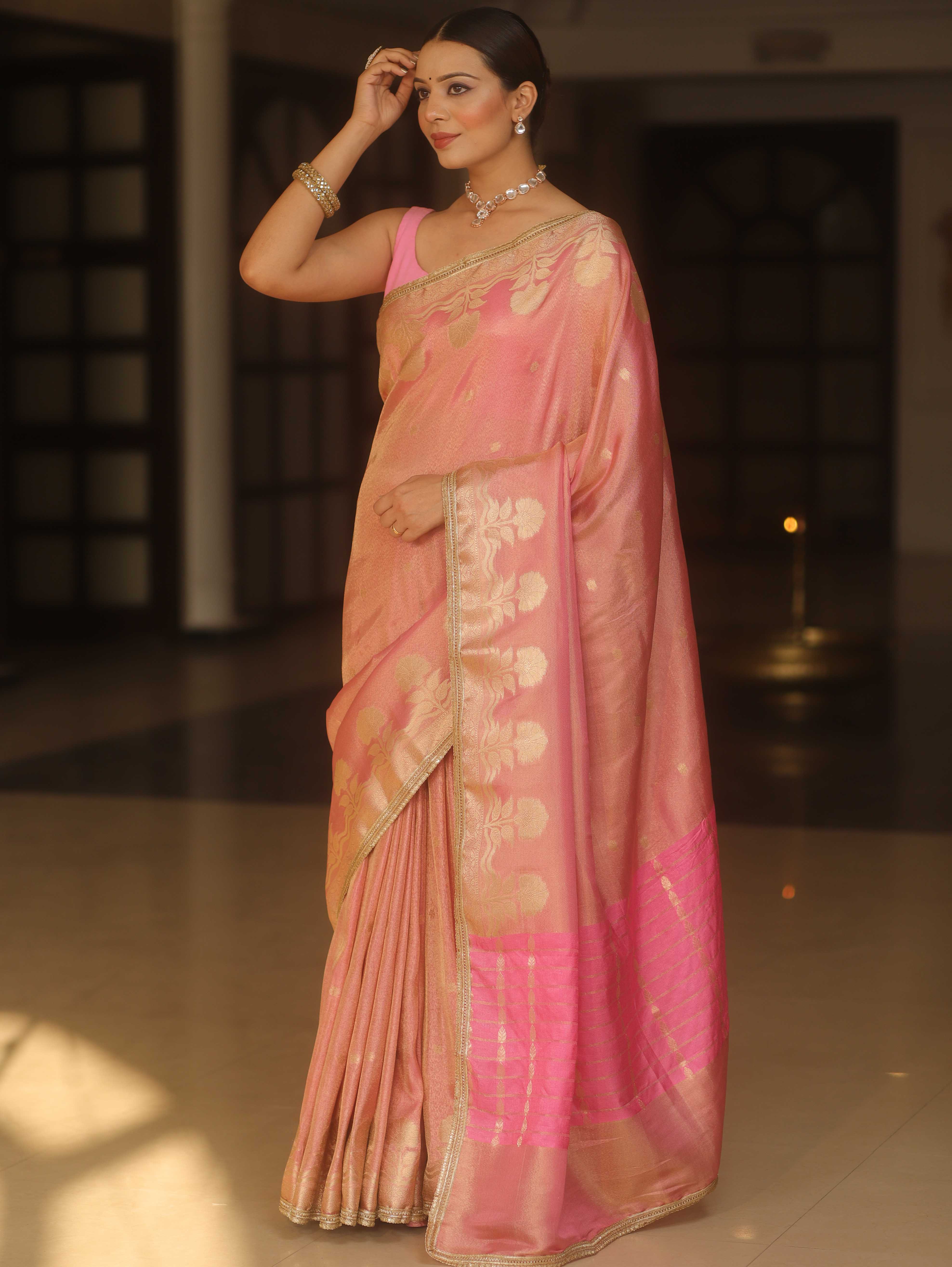 Banarasee Handwoven Soft Tissue Saree Zari Border With Lace-Pink