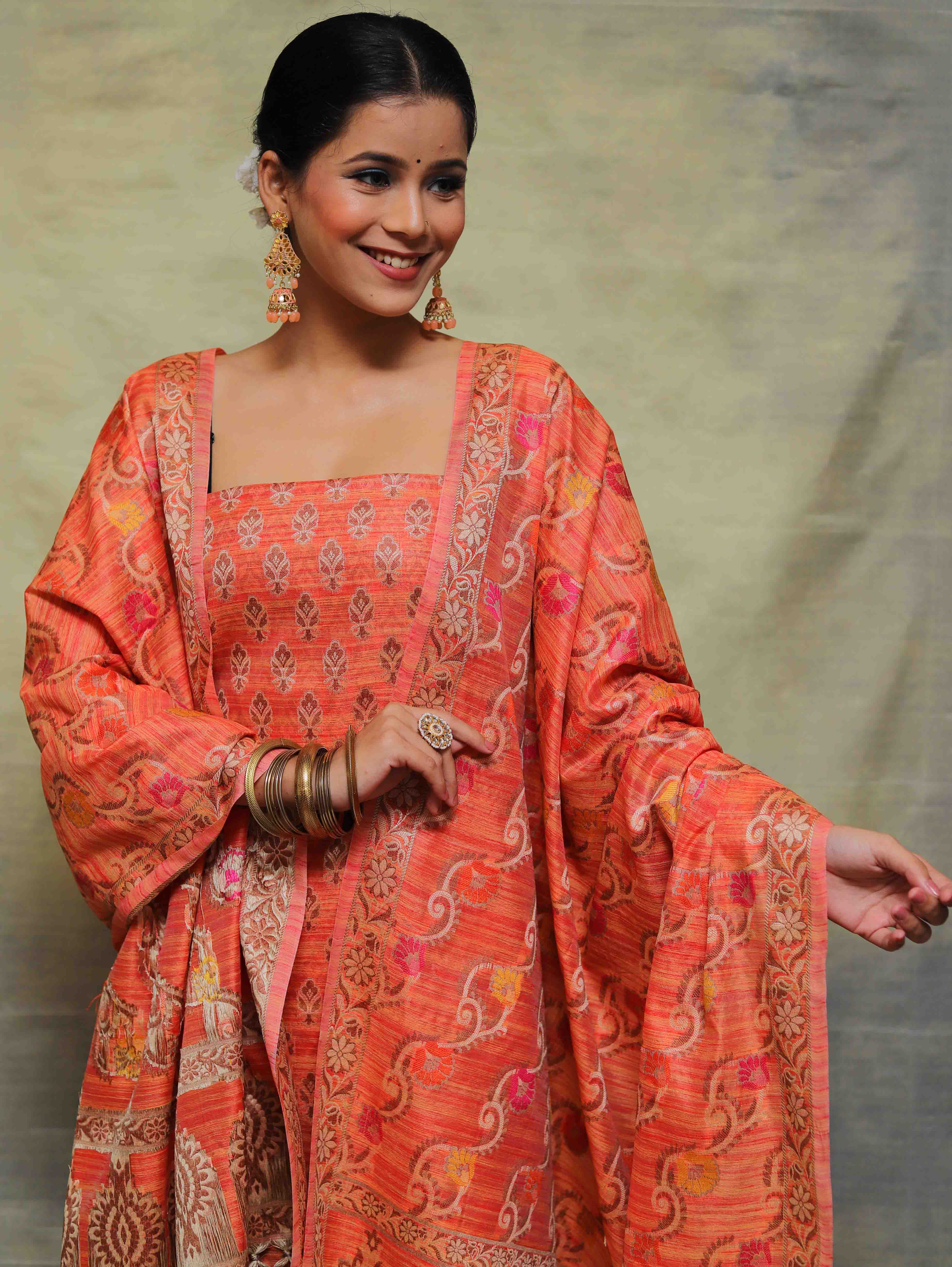 Banarasee Salwar Kameez Cotton Silk Fabric With Multicolor Resham & Ghichha Work-Peach