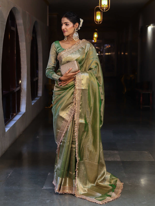 Banarasee Handwoven Plain Tissue Saree With Gold Zari Border & Lace-Light Green