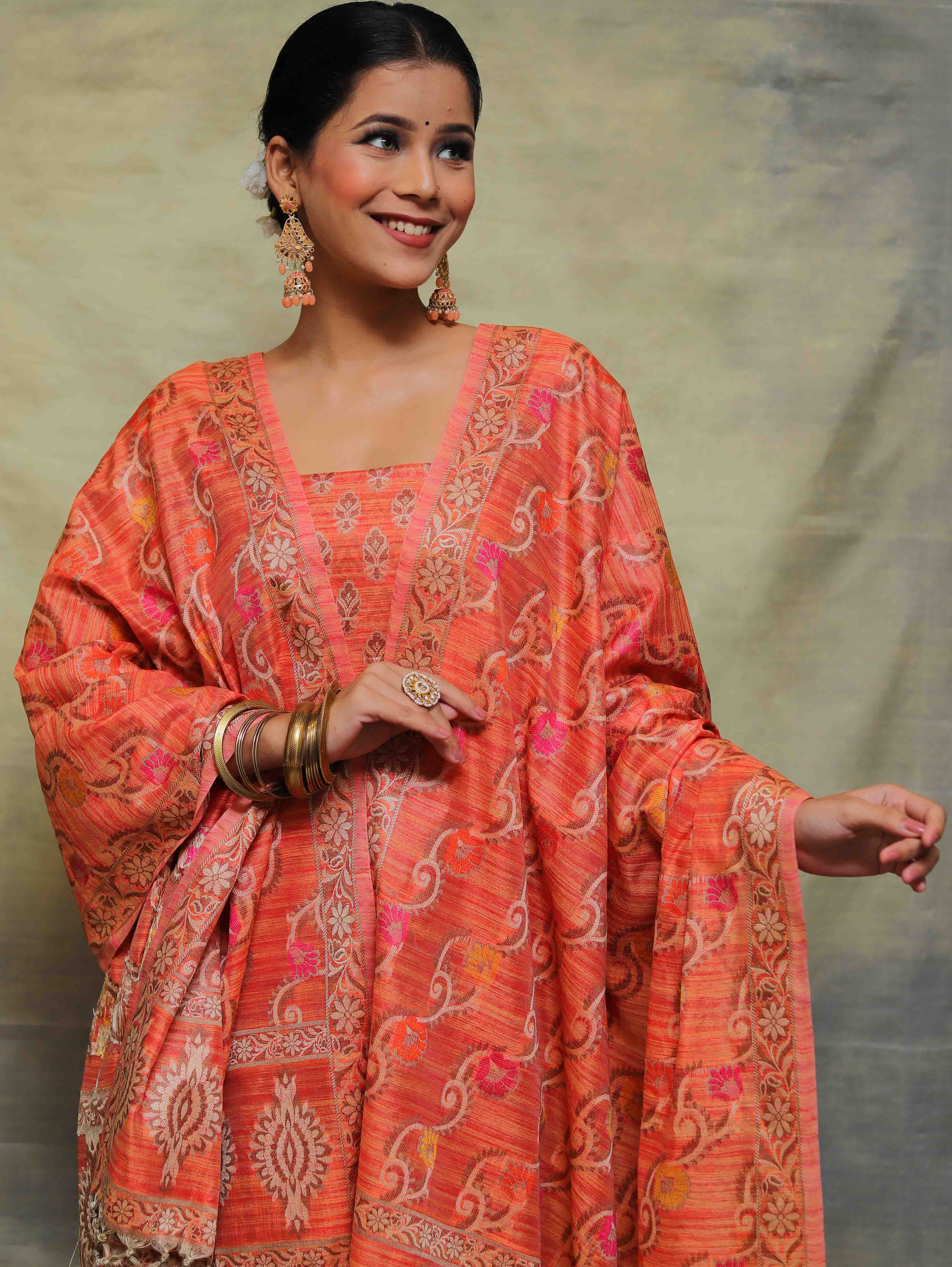 Banarasee Salwar Kameez Cotton Silk Fabric With Multicolor Resham & Ghichha Work-Peach
