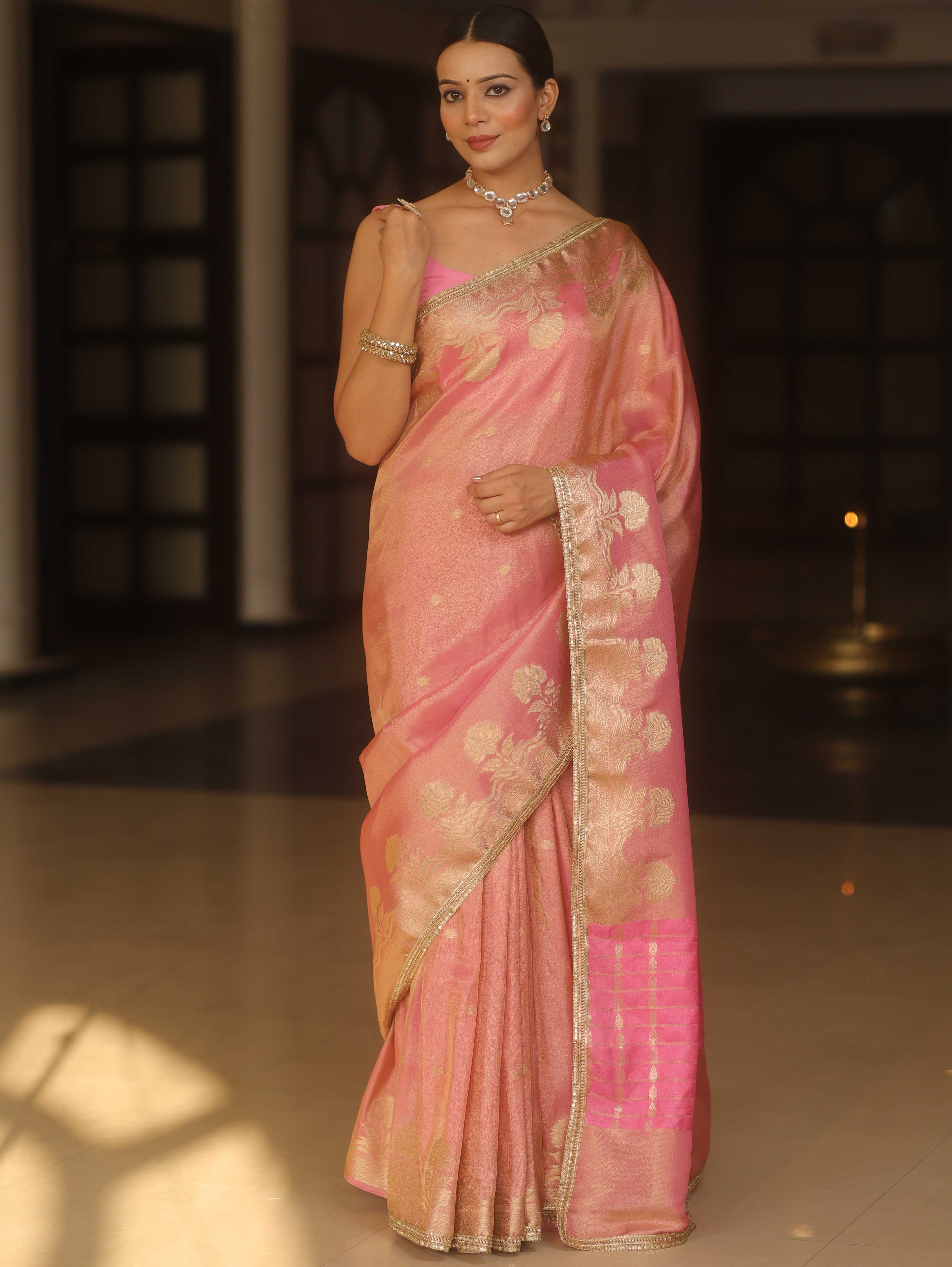 Banarasee Handwoven Soft Tissue Saree Zari Border With Lace-Pink
