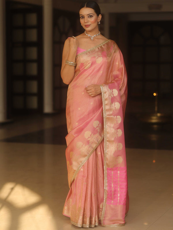 Banarasee Handwoven Soft Tissue Saree Zari Border With Lace-Pink