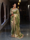 Banarasee Handwoven Plain Tissue Saree With Gold Zari Border & Lace-Light Green