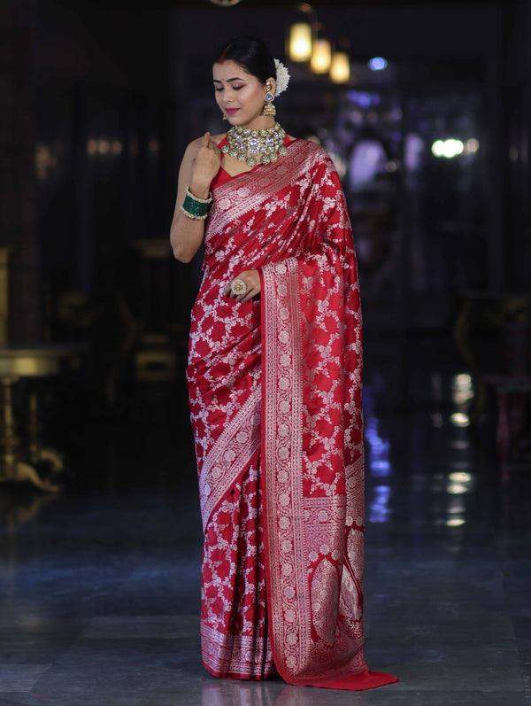 Banarasee Handloom Mashru Silk Saree With Zari Jaal Work & Floral Border-Red