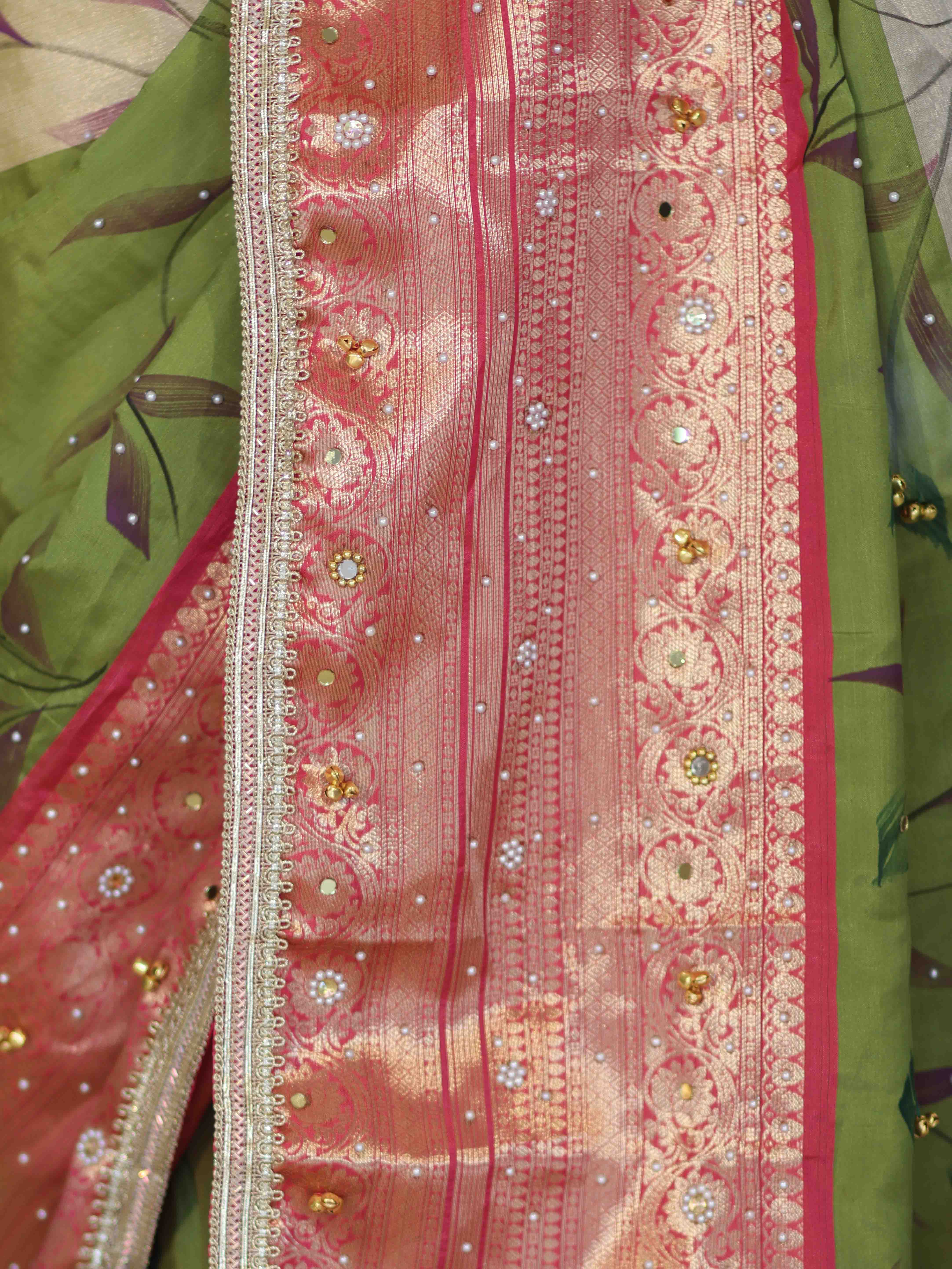 Banarasee Soft Silk Embroidered Saree With Hand Painted Floral Design & Contrast Border-Multicolor
