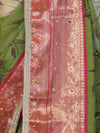 Banarasee Soft Silk Embroidered Saree With Hand Painted Floral Design & Contrast Border-Multicolor