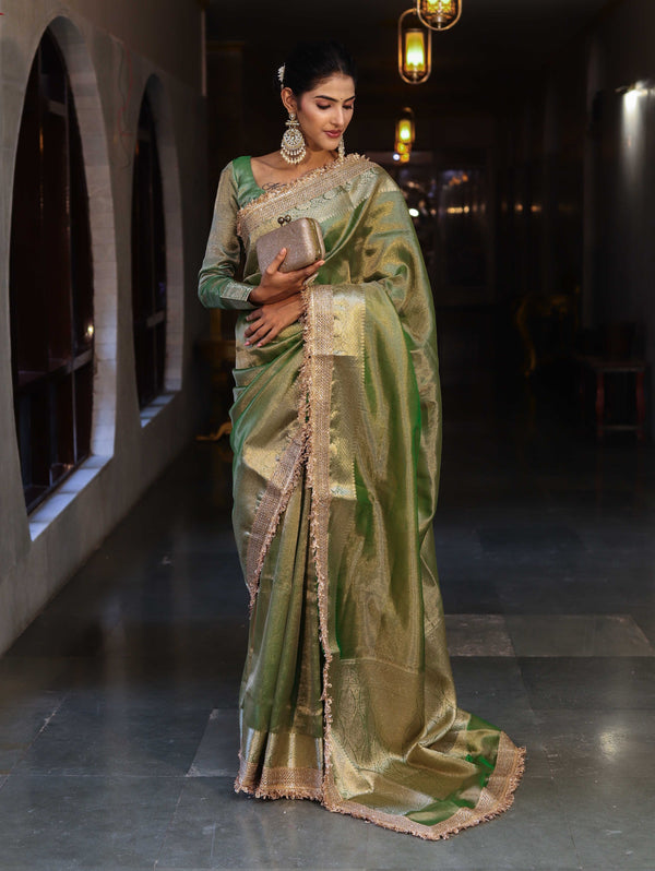 Banarasee Handwoven Plain Tissue Saree With Gold Zari Border & Lace-Light Green