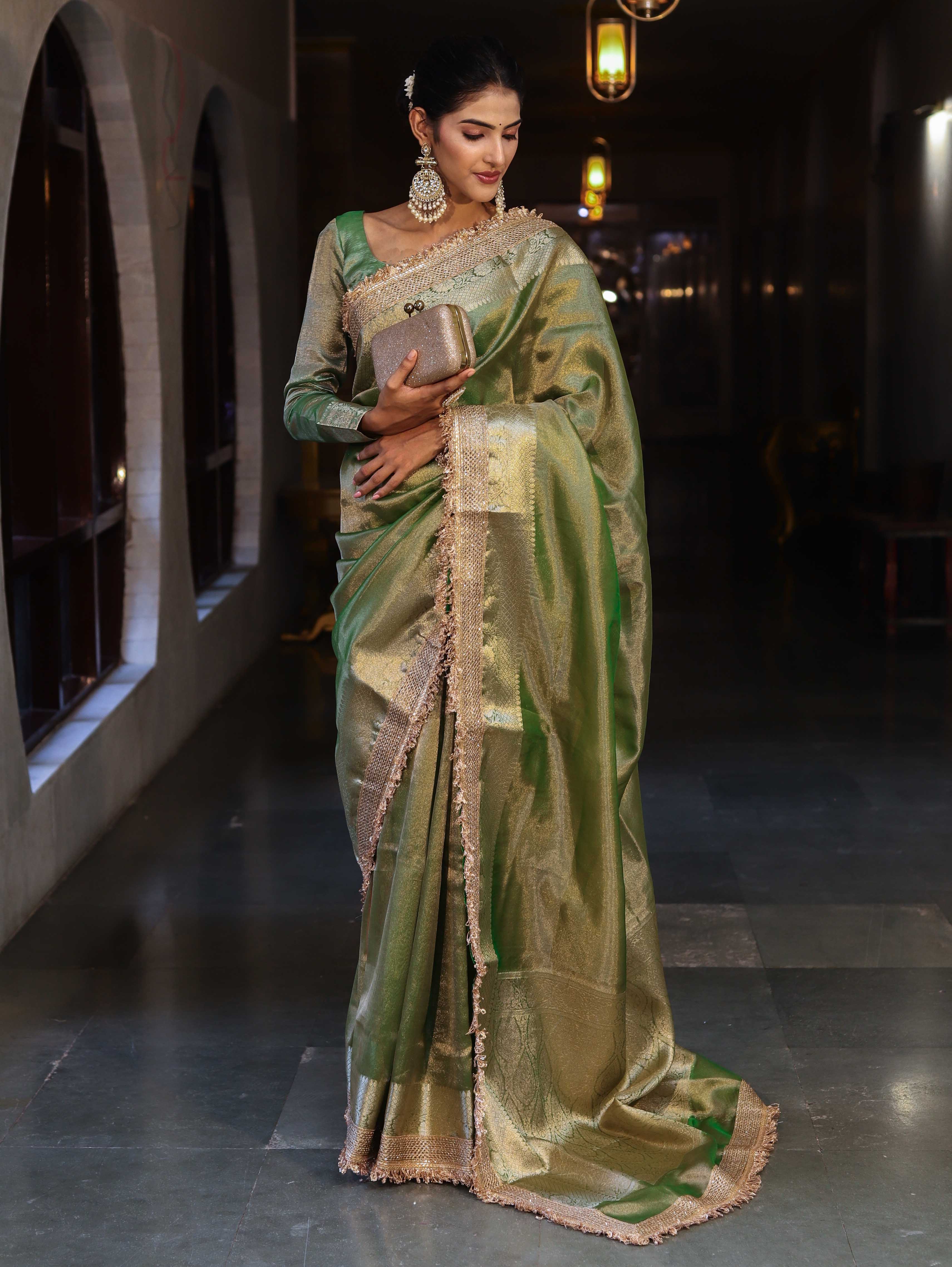 Banarasee Handwoven Plain Tissue Saree With Gold Zari Border & Lace-Light Green