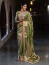 Banarasee Handwoven Plain Tissue Saree With Gold Zari Border & Lace-Light Green
