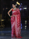 Banarasee Handloom Mashru Silk Saree With Zari Jaal Work & Floral Border-Red