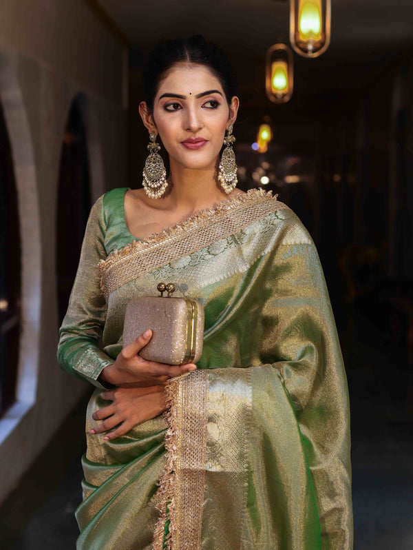 Banarasee Handwoven Plain Tissue Saree With Gold Zari Border & Lace-Light Green