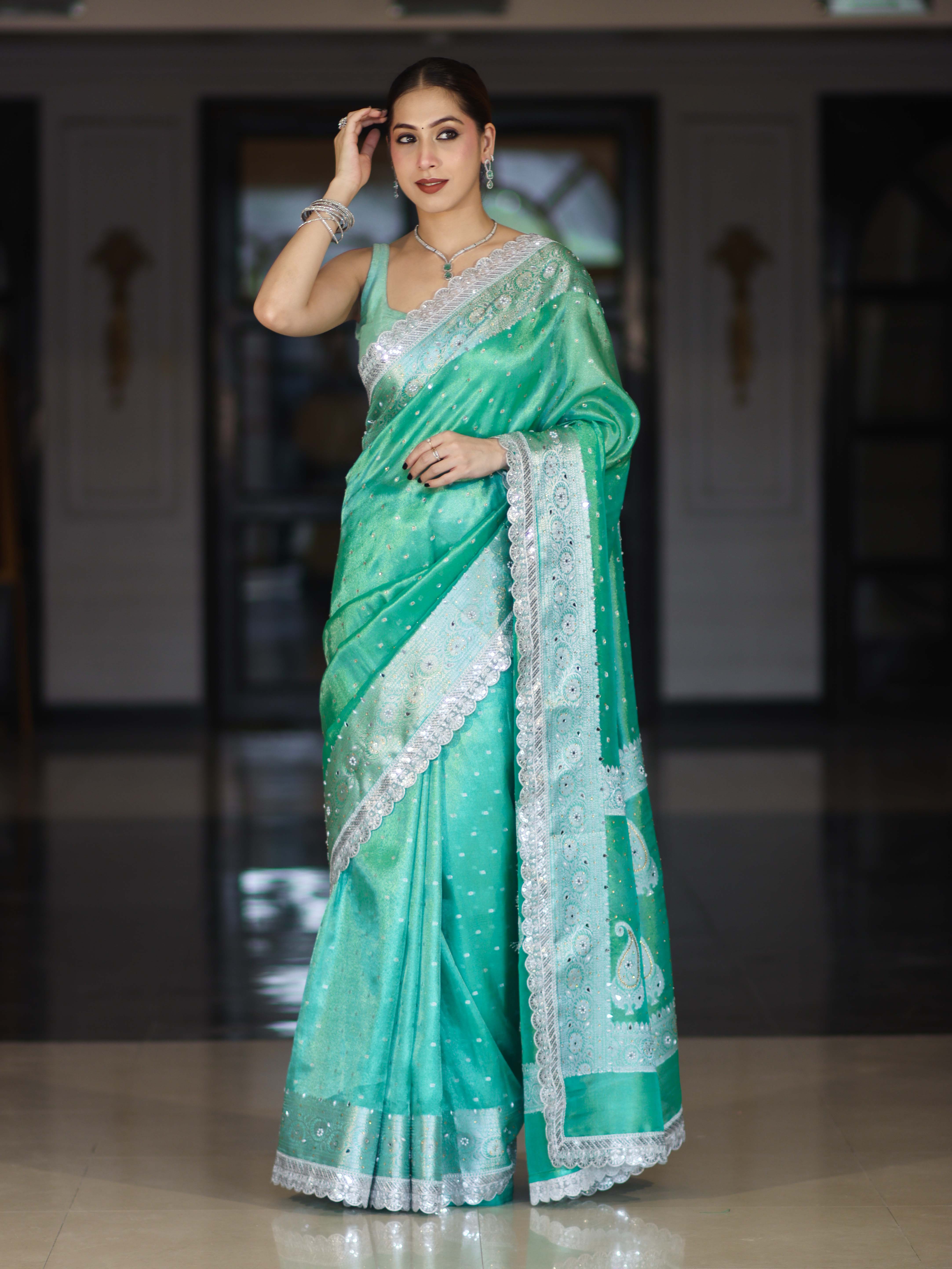 Banarasee Tissue Hand Embroidered Mirror Work Saree With Polka Dots Zari Border & Lace-Green