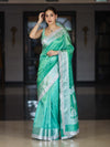 Banarasee Tissue Hand Embroidered Mirror Work Saree With Polka Dots Zari Border & Lace-Green