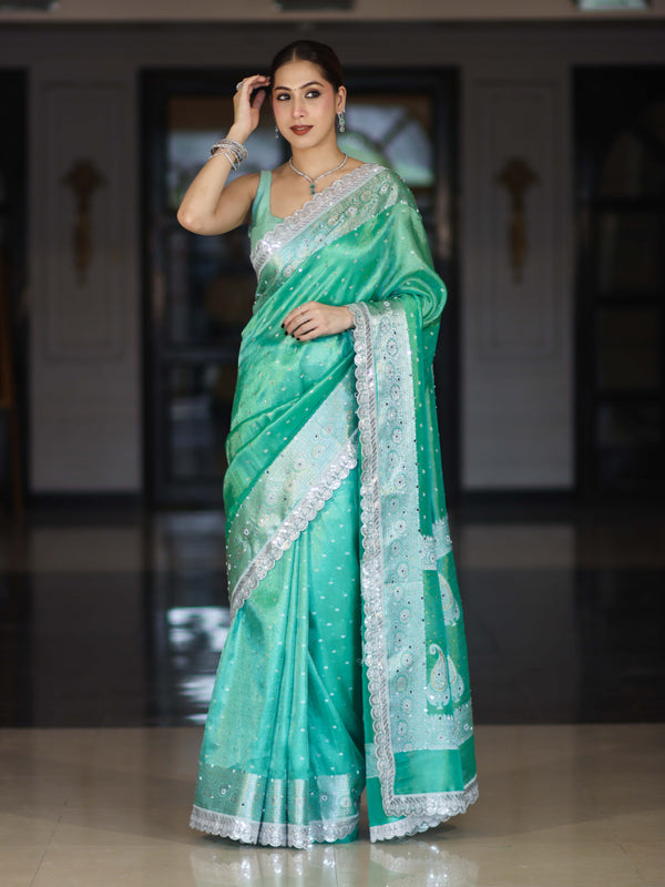 Banarasee Tissue Hand Embroidered Mirror Work Saree With Polka Dots Zari Border & Lace-Green