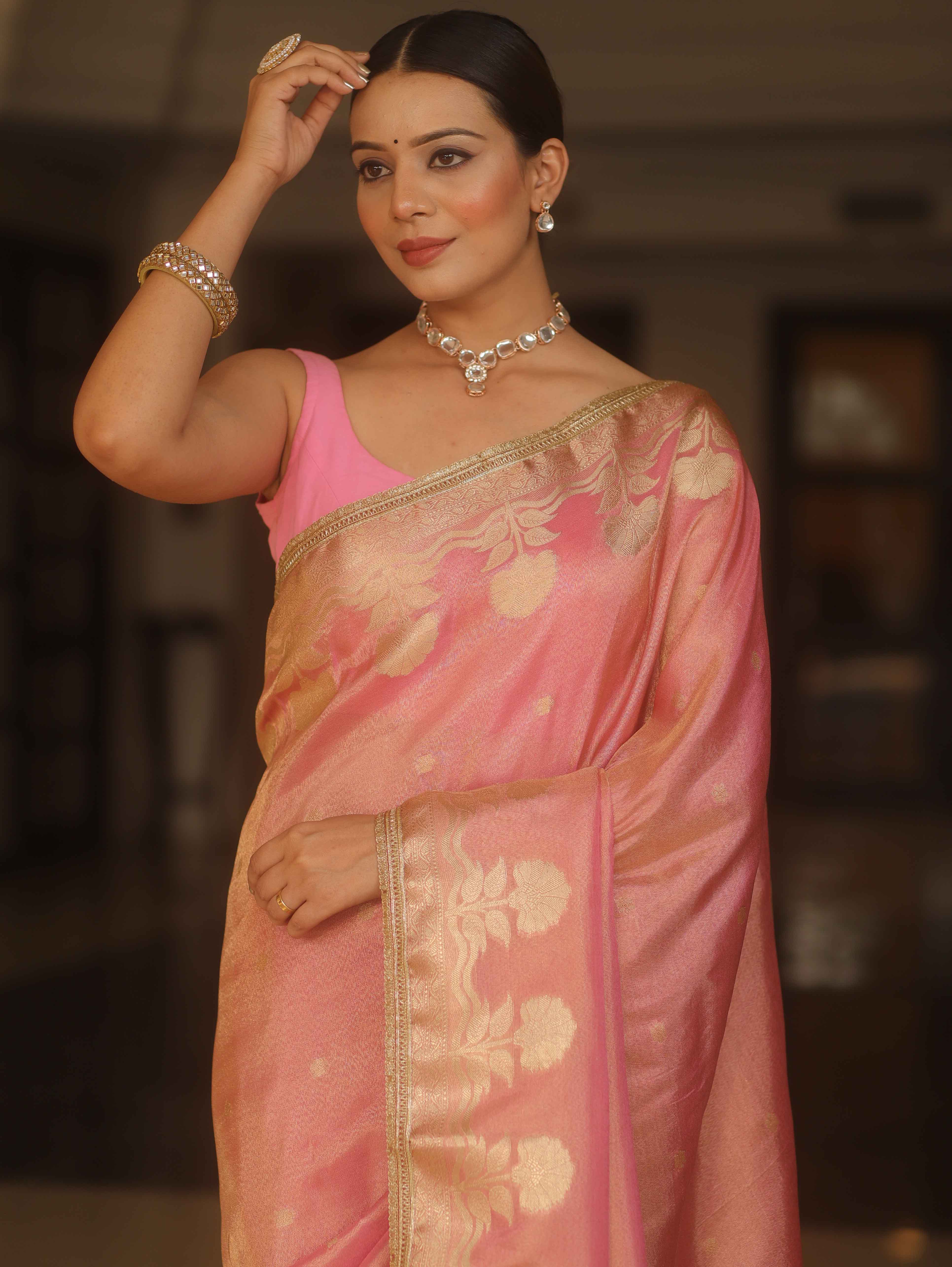 Banarasee Handwoven Soft Tissue Saree Zari Border With Lace-Pink