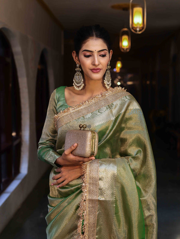 Banarasee Handwoven Plain Tissue Saree With Gold Zari Border & Lace-Light Green