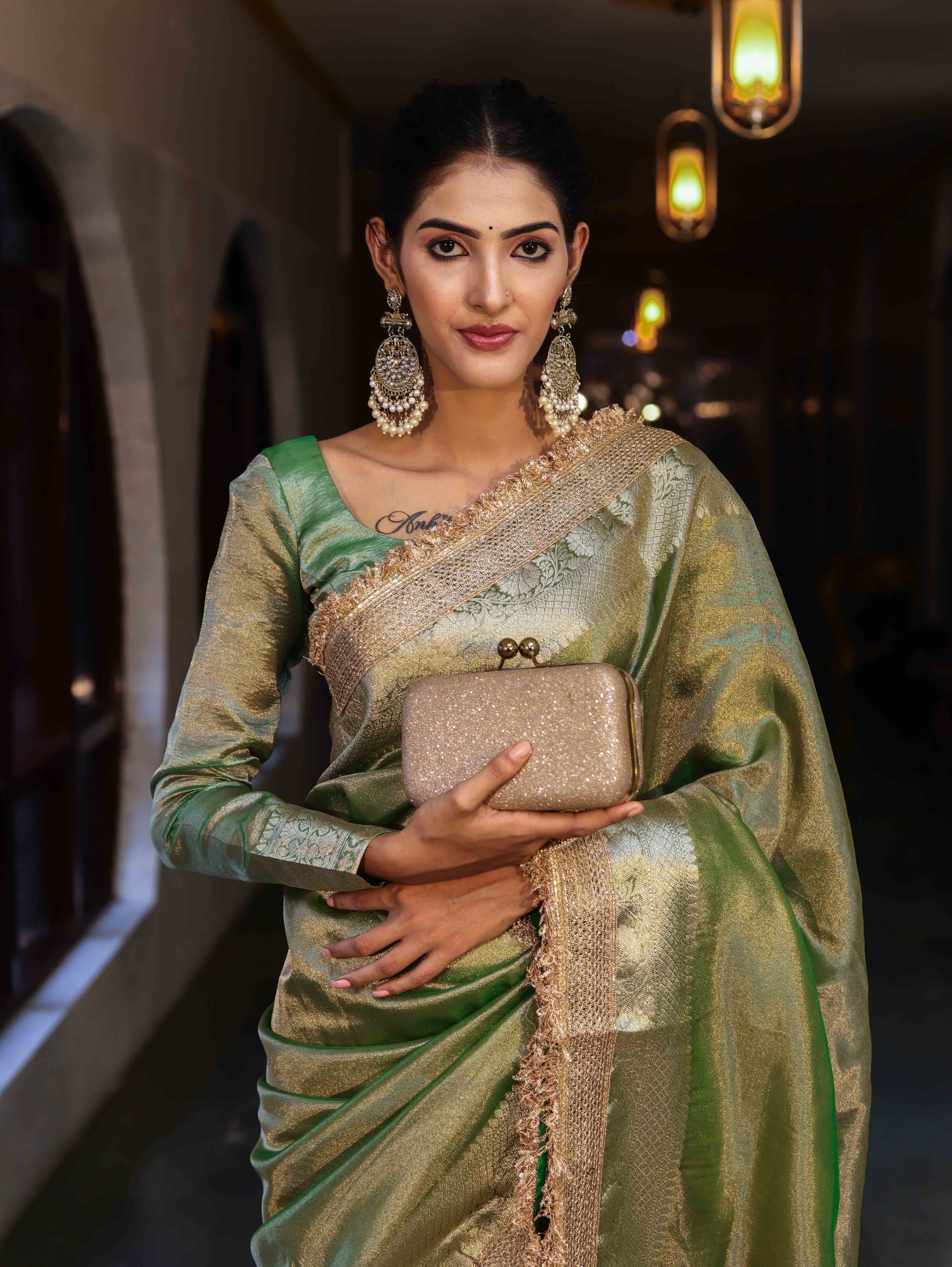 Banarasee Handwoven Plain Tissue Saree With Gold Zari Border & Lace-Light Green