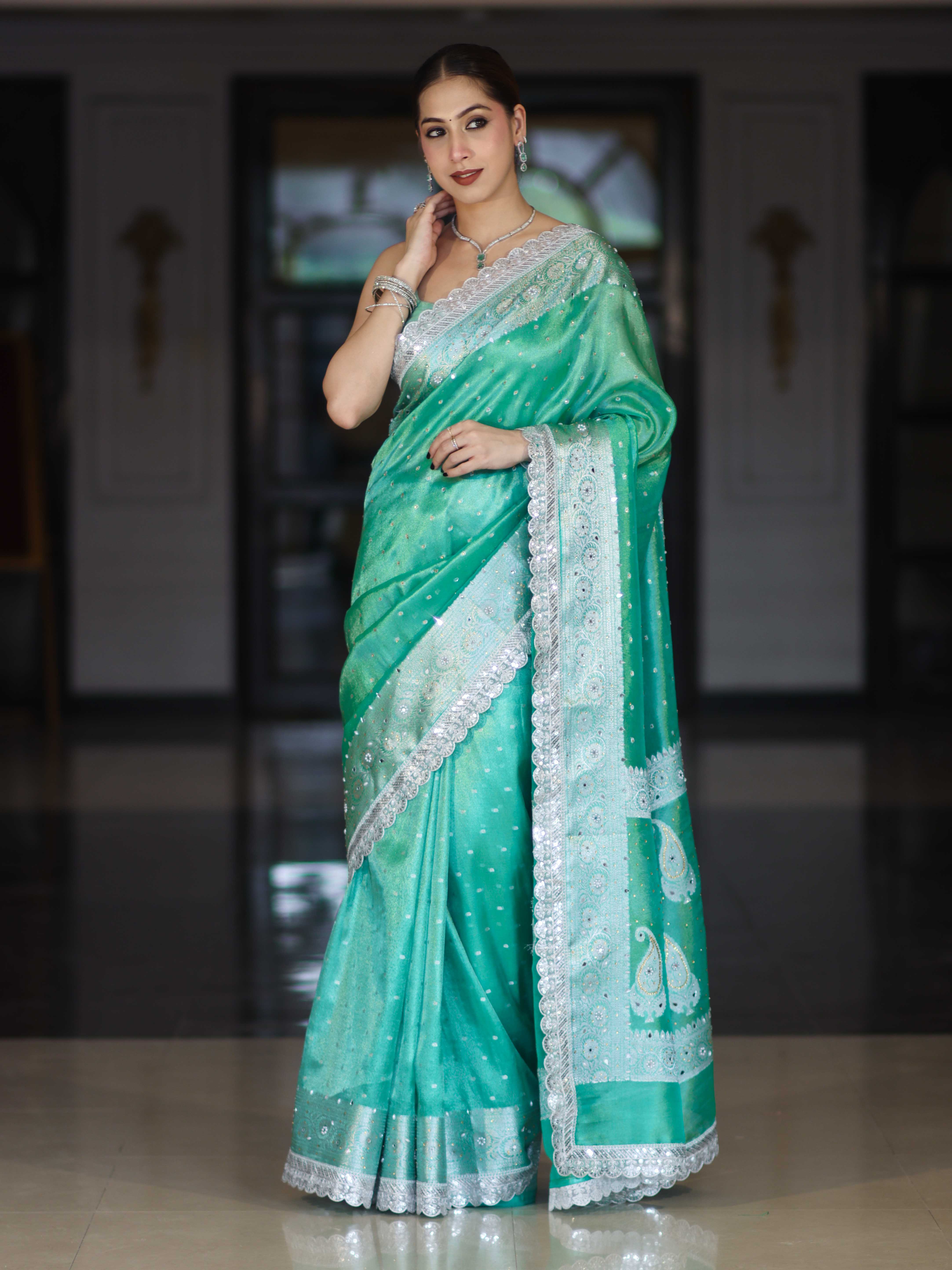 Banarasee Tissue Hand Embroidered Mirror Work Saree With Polka Dots Zari Border & Lace-Green