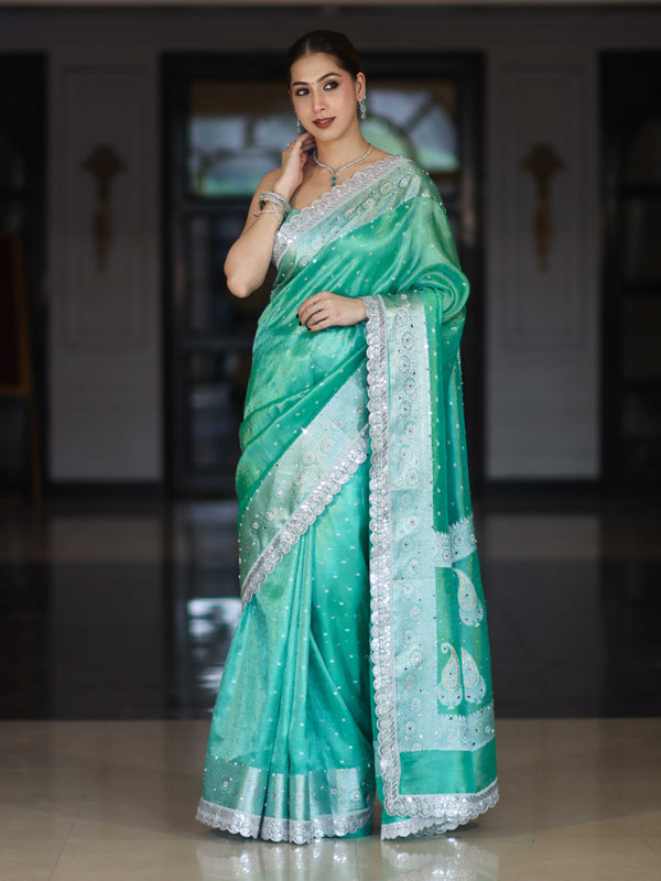 Banarasee Tissue Hand Embroidered Mirror Work Saree With Polka Dots Zari Border & Lace-Green