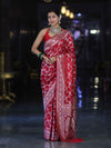 Banarasee Handloom Mashru Silk Saree With Zari Jaal Work & Floral Border-Red