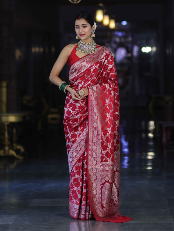 Banarasee Handloom Mashru Silk Saree With Zari Jaal Work & Floral Border-Red