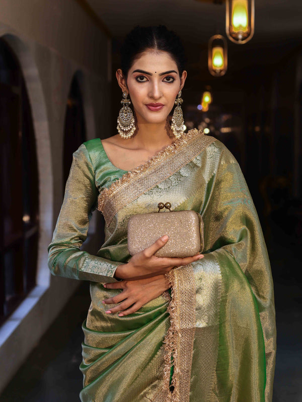Banarasee Handwoven Plain Tissue Saree With Gold Zari Border & Lace-Light Green