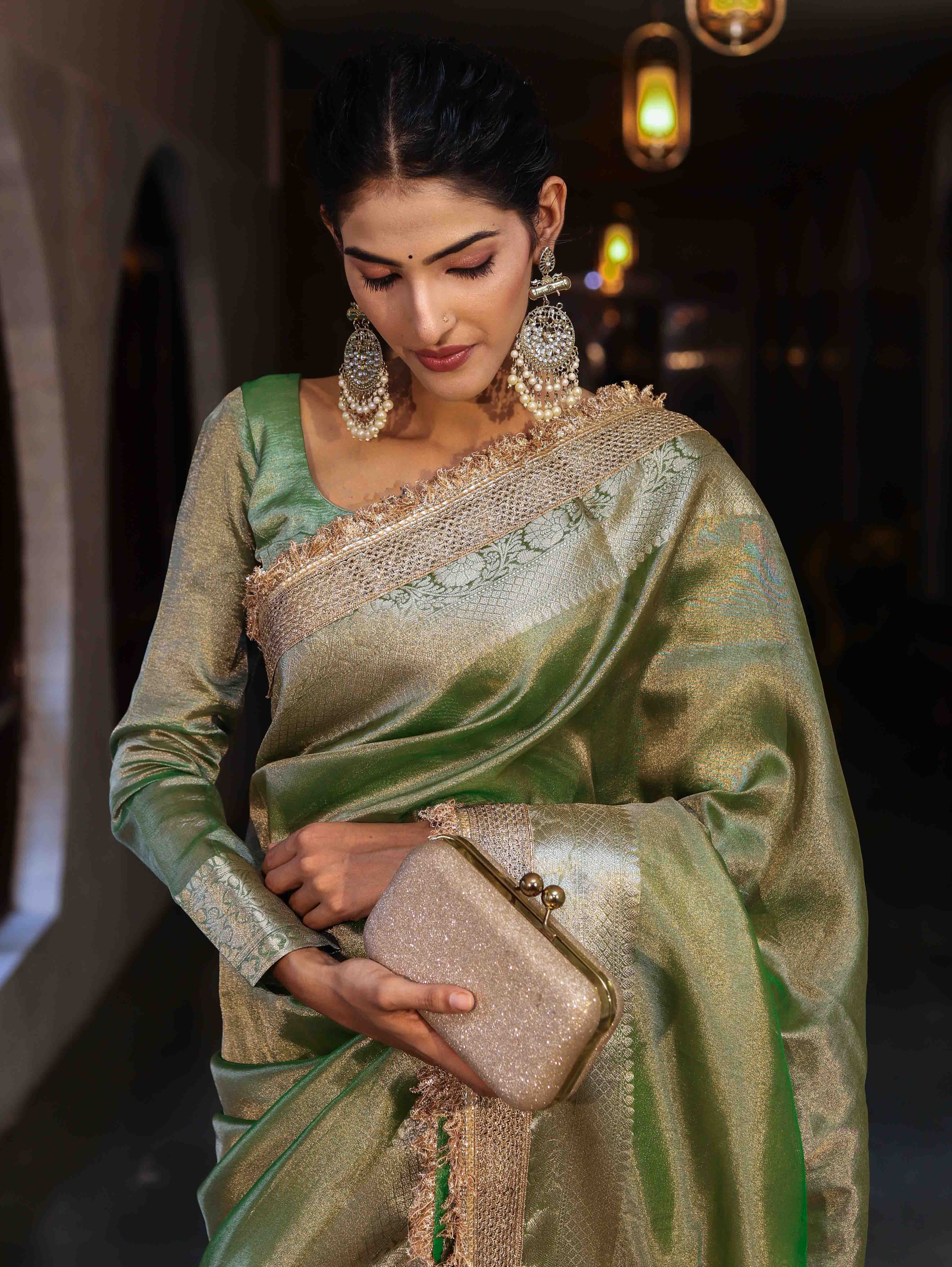 Banarasee Handwoven Plain Tissue Saree With Gold Zari Border & Lace-Light Green