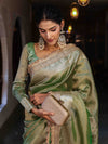Banarasee Handwoven Plain Tissue Saree With Gold Zari Border & Lace-Light Green