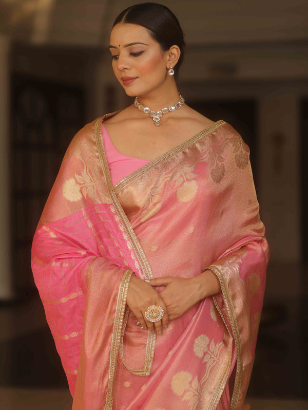 Banarasee Handwoven Soft Tissue Saree Zari Border With Lace-Pink