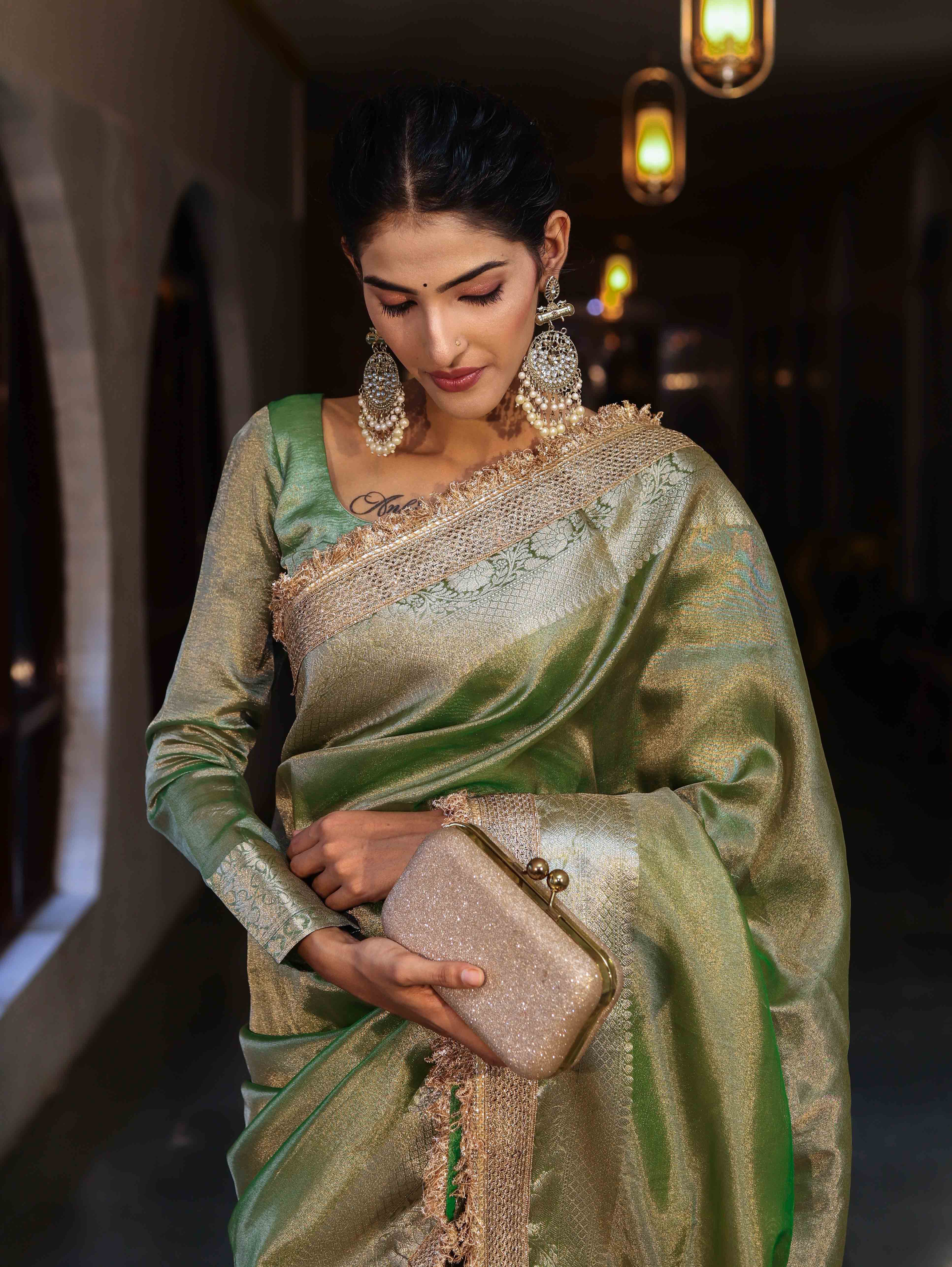 Banarasee Handwoven Plain Tissue Saree With Gold Zari Border & Lace-Light Green