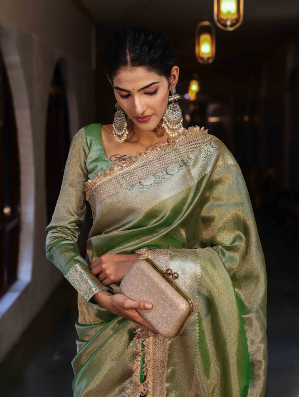 Banarasee Handwoven Plain Tissue Saree With Gold Zari Border & Lace-Light Green