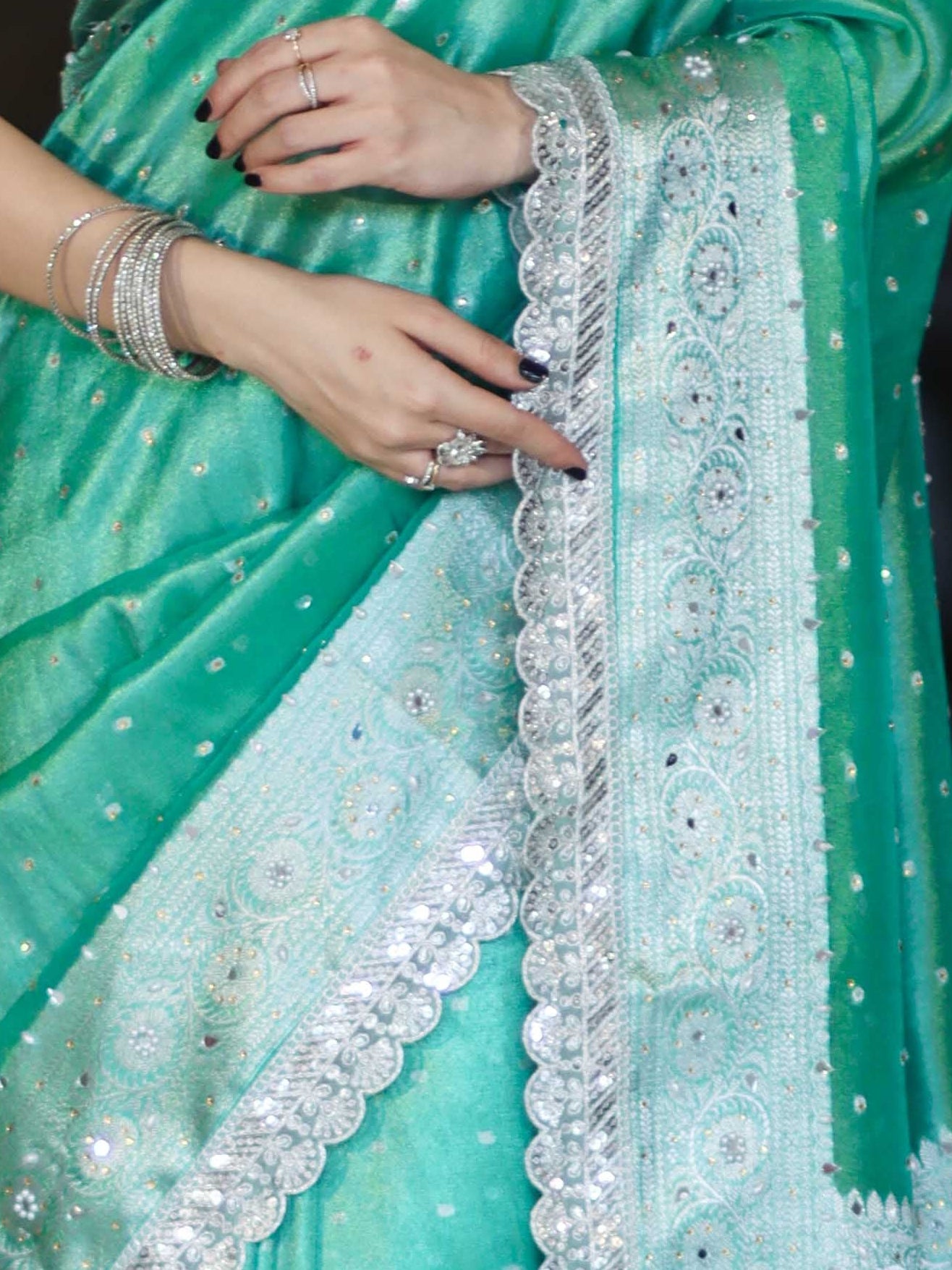 Banarasee Tissue Hand Embroidered Mirror Work Saree With Polka Dots Zari Border & Lace-Green