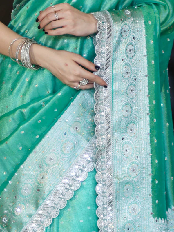 Banarasee Tissue Hand Embroidered Mirror Work Saree With Polka Dots Zari Border & Lace-Green