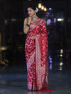 Banarasee Handloom Mashru Silk Saree With Zari Jaal Work & Floral Border-Red