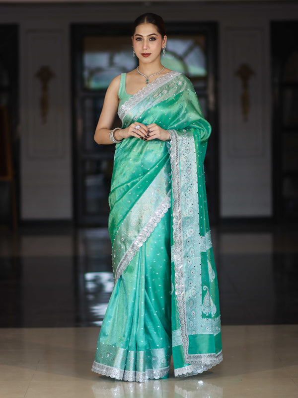 Banarasee Tissue Hand Embroidered Mirror Work Saree With Polka Dots Zari Border & Lace-Green
