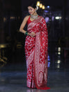 Banarasee Handloom Mashru Silk Saree With Zari Jaal Work & Floral Border-Red