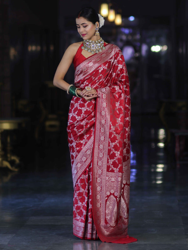 Banarasee Handloom Mashru Silk Saree With Zari Jaal Work & Floral Border-Red