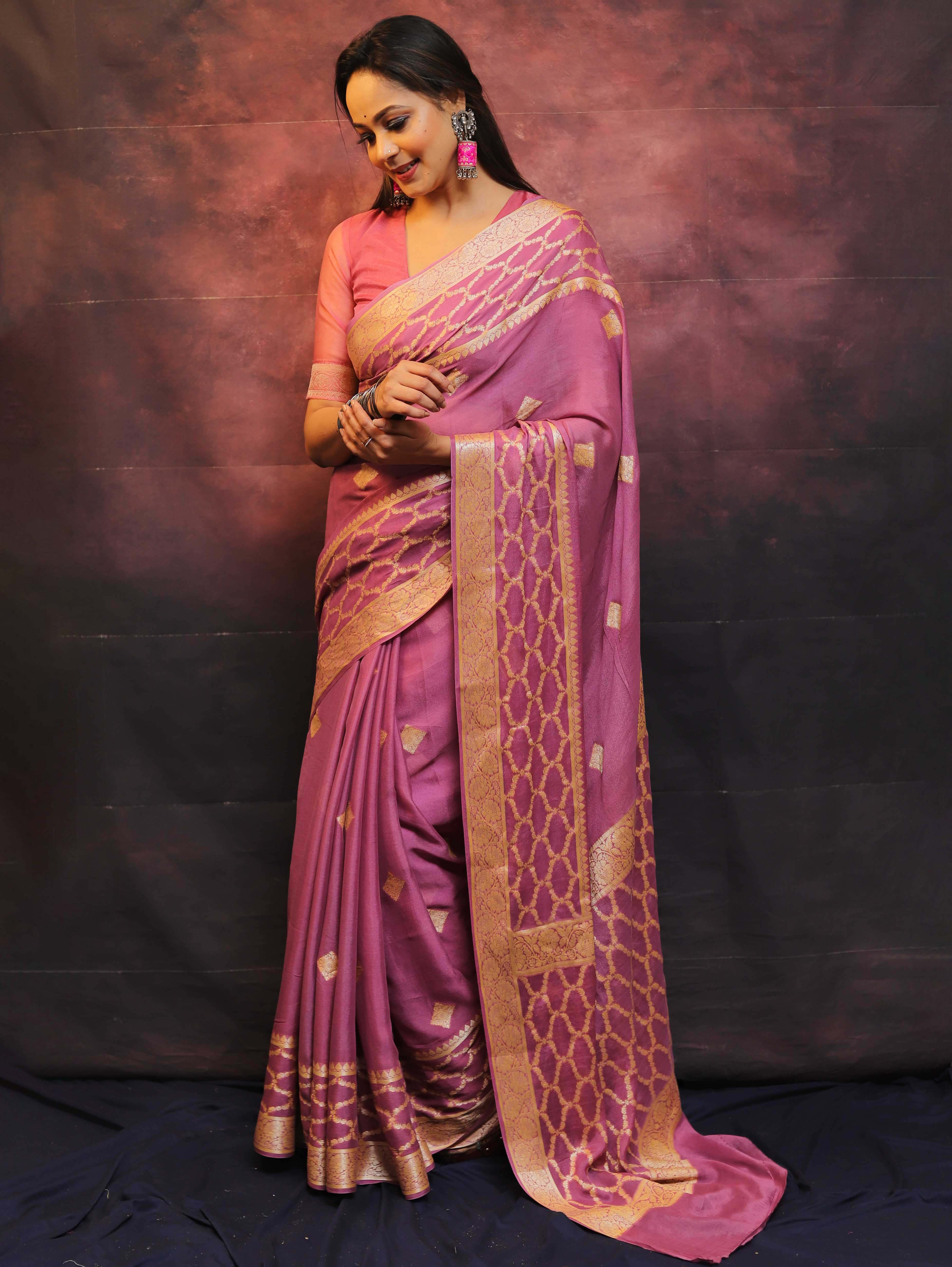Banarasee Handwoven Pure Chiffon Sari With Zari Work-Onion Pink