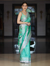 Banarasee Tissue Hand Embroidered Mirror Work Saree With Polka Dots Zari Border & Lace-Green