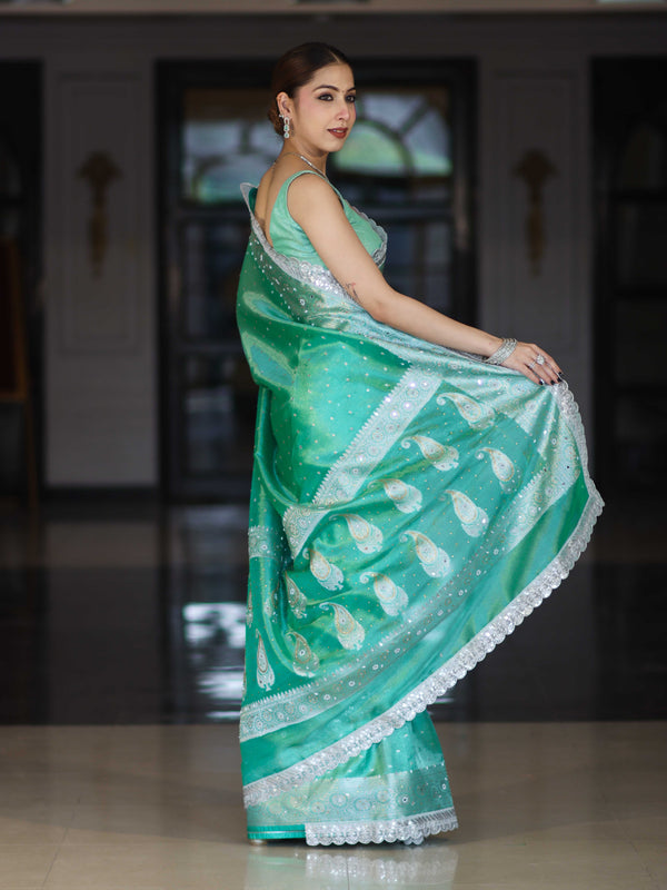 Banarasee Tissue Hand Embroidered Mirror Work Saree With Polka Dots Zari Border & Lace-Green