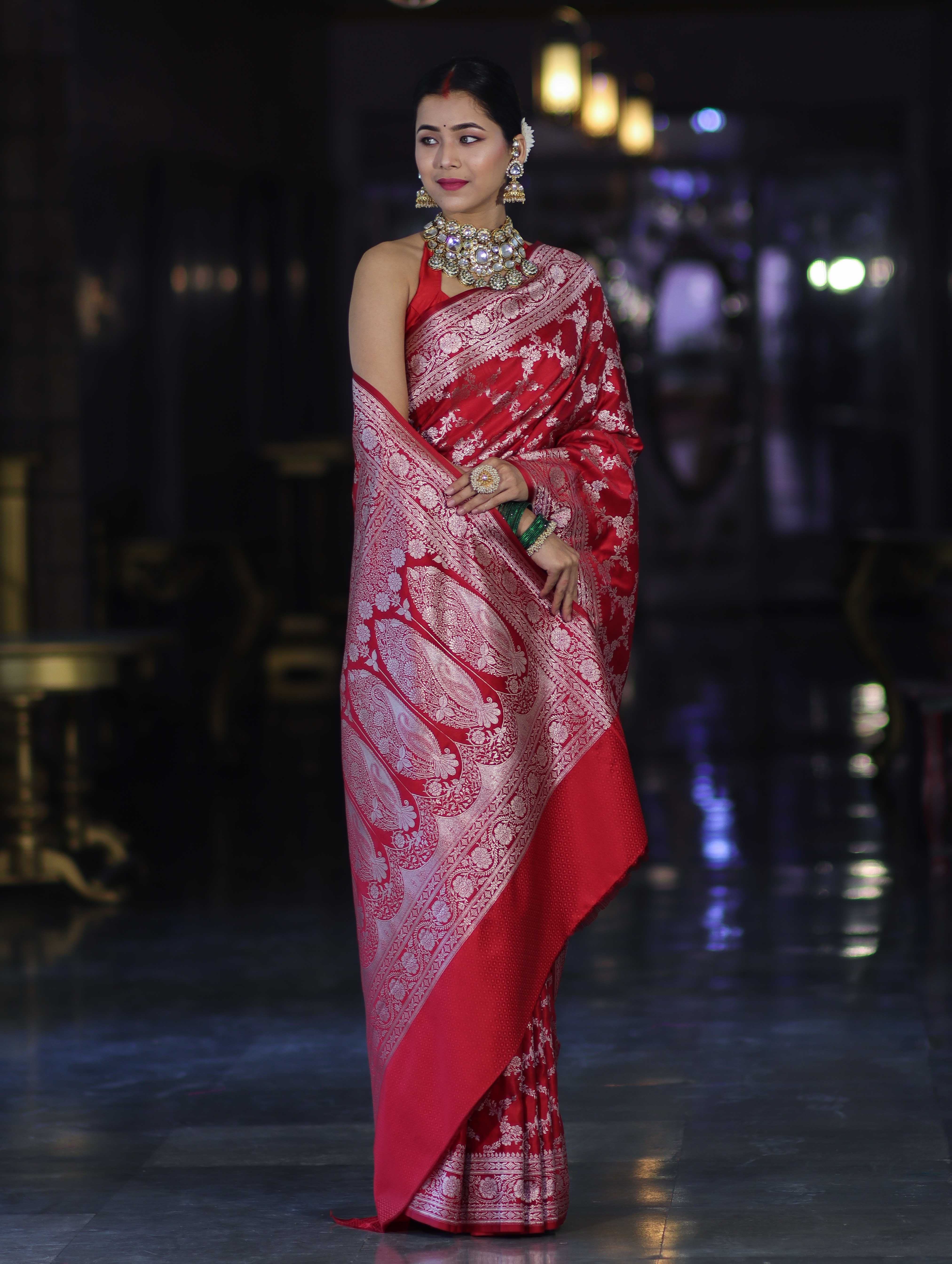 Banarasee Handloom Mashru Silk Saree With Zari Jaal Work & Floral Border-Red