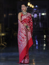 Banarasee Handloom Mashru Silk Saree With Zari Jaal Work & Floral Border-Red