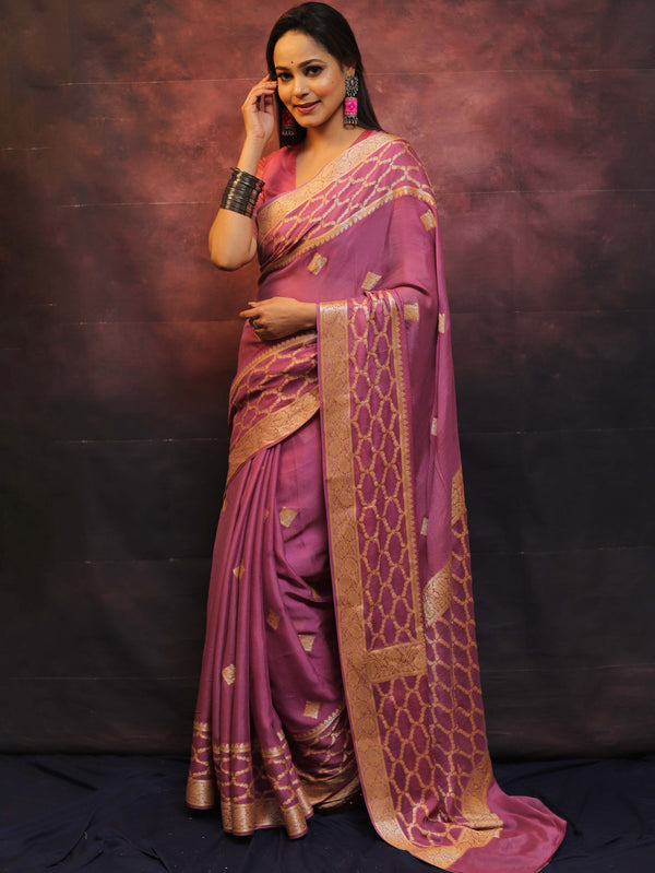Banarasee Handwoven Pure Chiffon Sari With Zari Work-Onion Pink