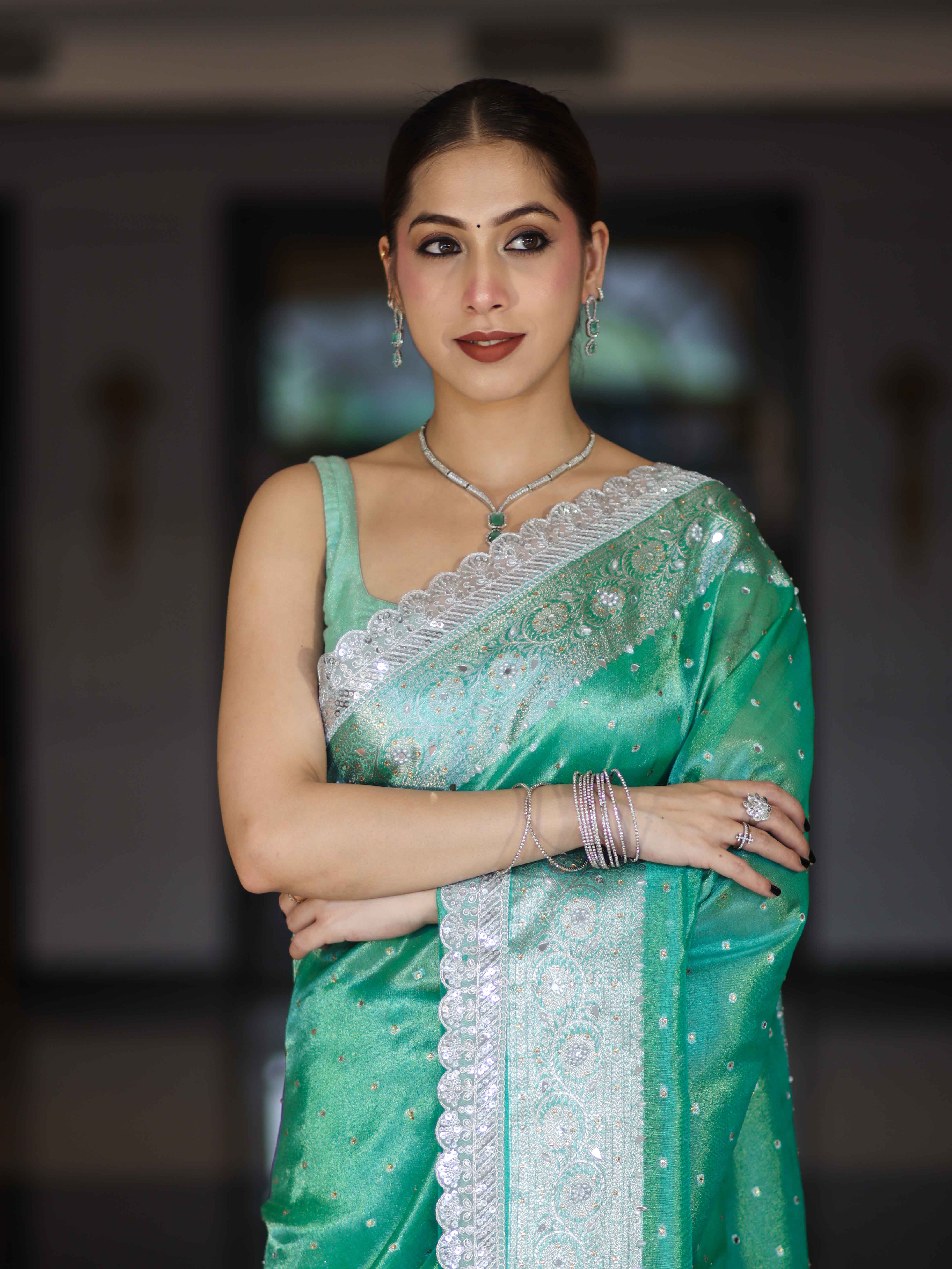 Banarasee Tissue Hand Embroidered Mirror Work Saree With Polka Dots Zari Border & Lace-Green